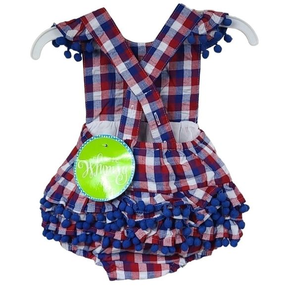 NWT Baby Girl 3M Red White Blue Plaid Pom Ruffle Bubble Romper Outfit 1pc - Picture 2 of 10
